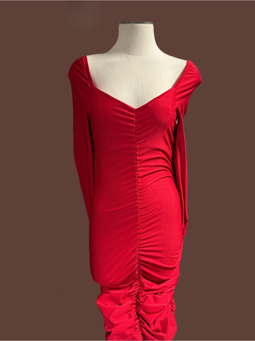 Red Ruched Long-Sleeve V-Neck Dress